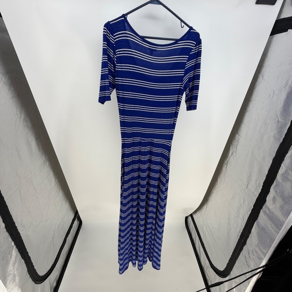 LuLaRoe Ana Maxi Dress Women XS Blue White Striped Stretch Short Sleeve Modest - Picture 3 of 9